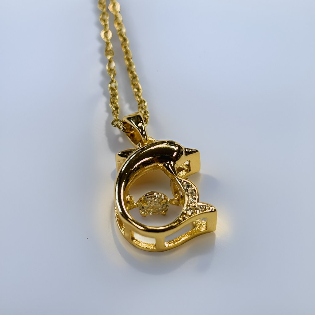 Gold 12 Zircon Dolphin With Round Cut Floater Pendant Necklace 14$